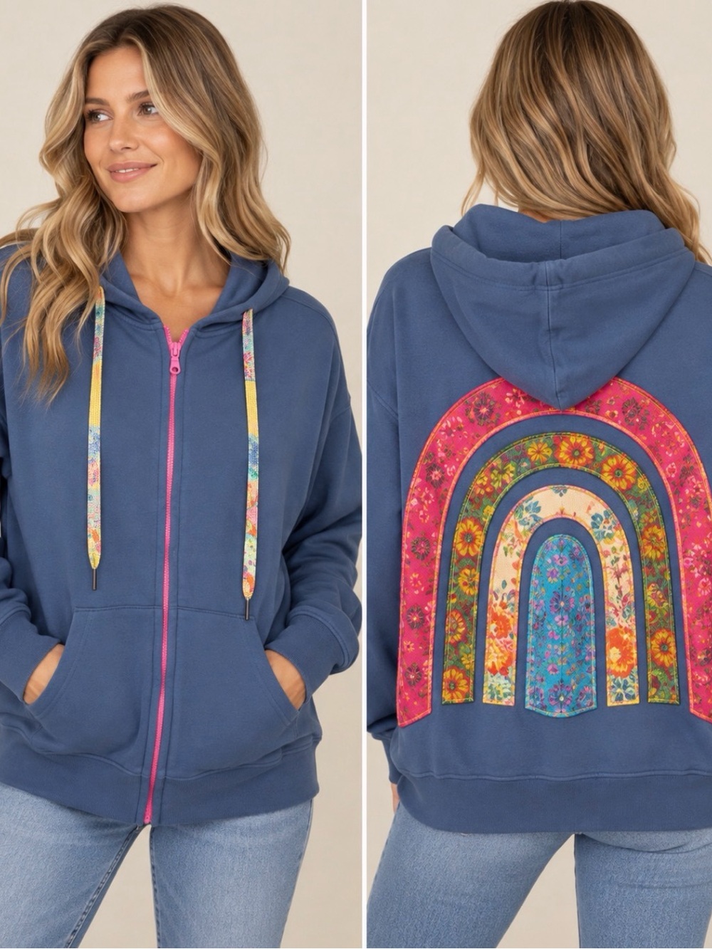 Natural Life S/M Oversized Patchwork Floral Rainbow Zip Hoodie Blue NWOT - Picture 2 of 12